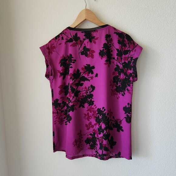 Worthington pink & purple black floral blouse Sz M Asian Inspired Flowy Summer - Picture 3 of 8
